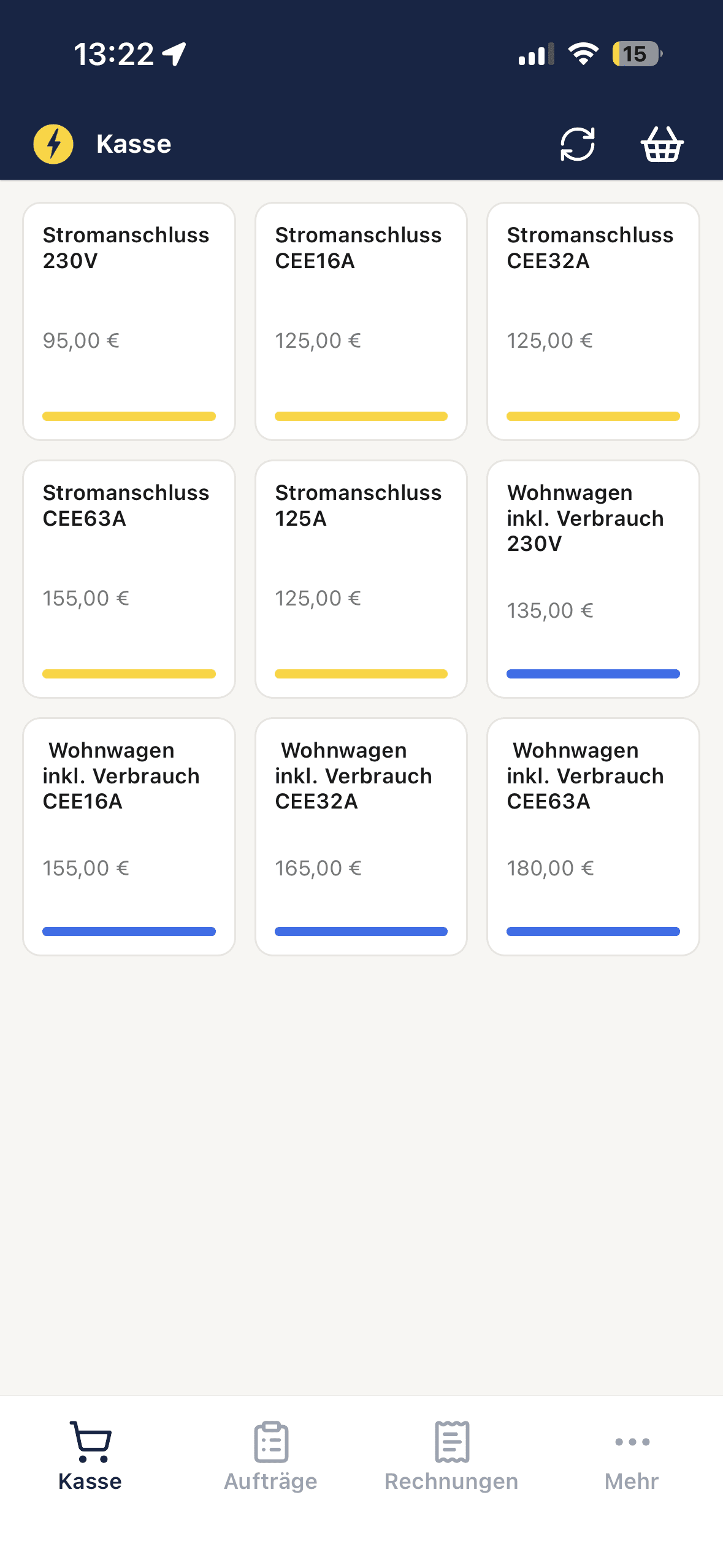 Voltaris Kasse – Artikel und Preise auf dem Platz