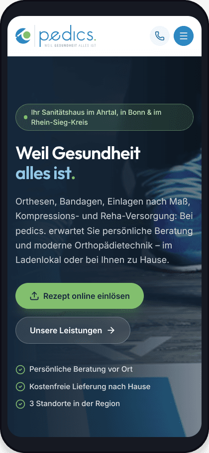 Pedics – mobile Ansicht